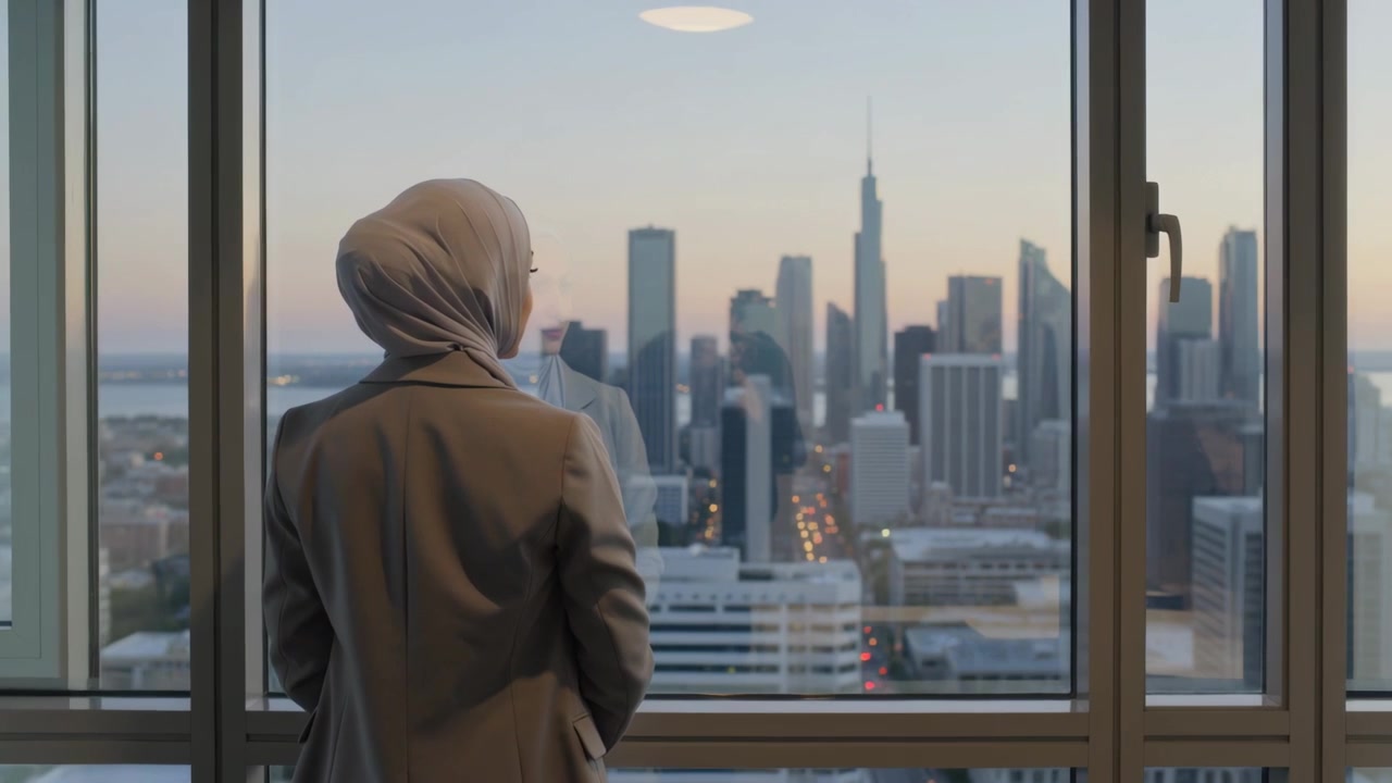 Donna con hijab e cappotto in piedi davanti a una finestra panoramica, che osserva la guglia dello skyline mentre il crepuscolo si intensifica.