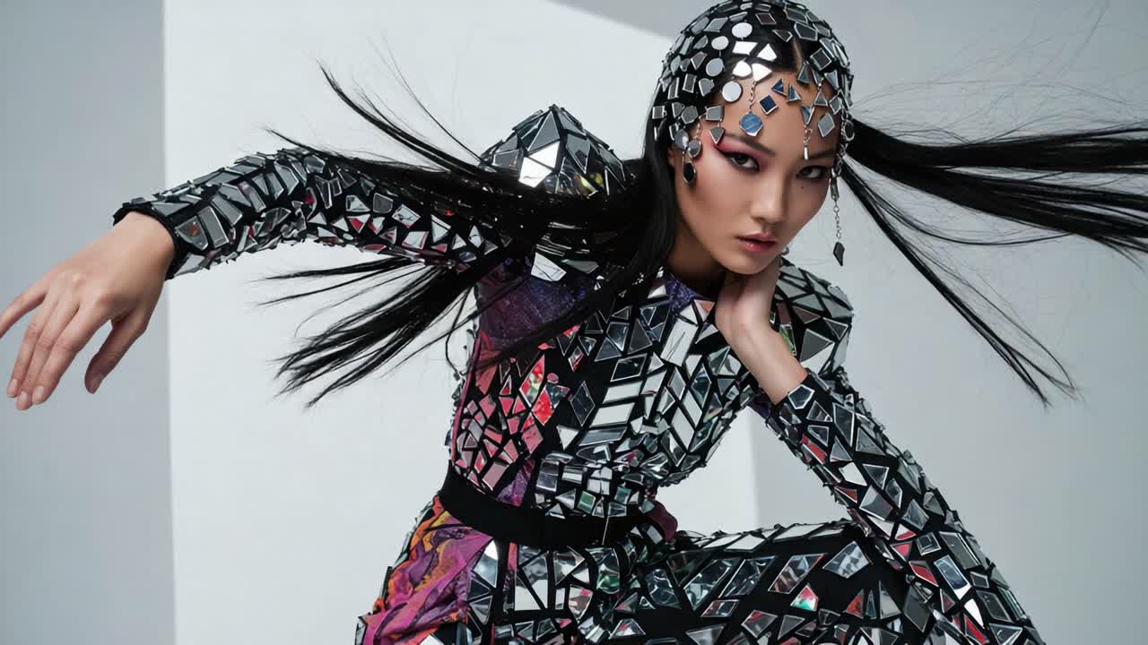 A stunning model displays intense emotion and confidence in a captivating geometric outfit, featuring mirrored textures and striking patterns, making a bold fashion statement