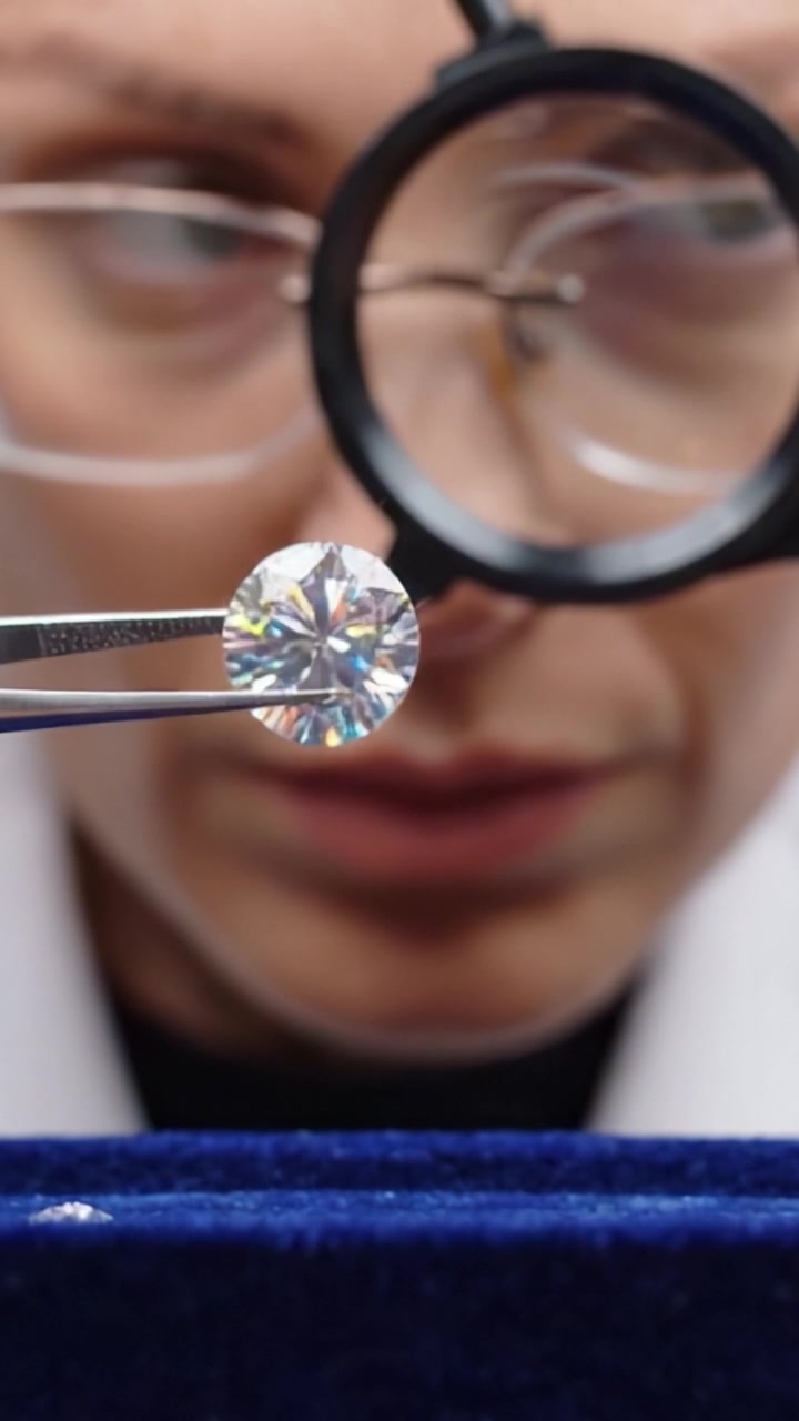 Un gemmologo esamina un diamante impeccabile con strumenti di ingrandimento, catturando i dettagli intricati e lo scintillio sotto attenta ispezione.