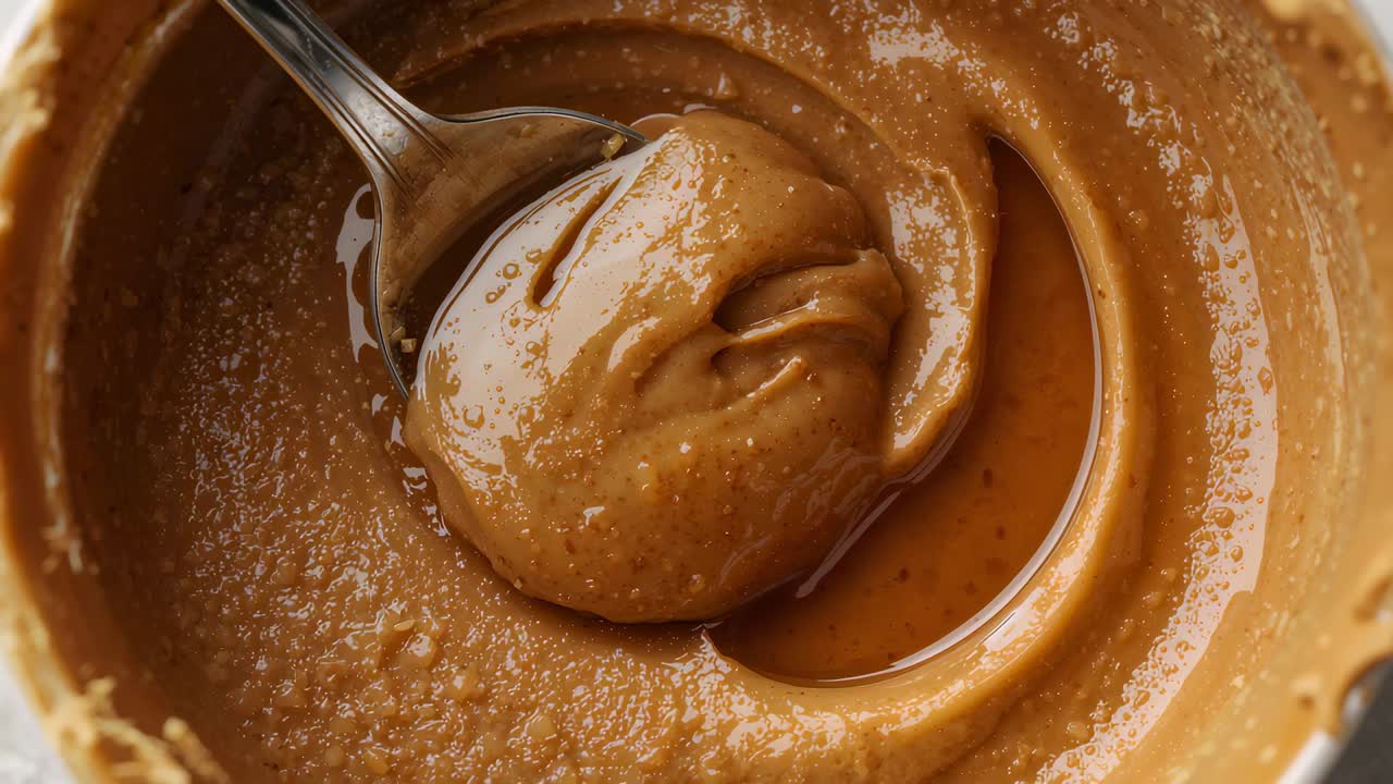 Pressing metal spoon scooping rounded brown spread inside jar, honey dripping to sweeten spread