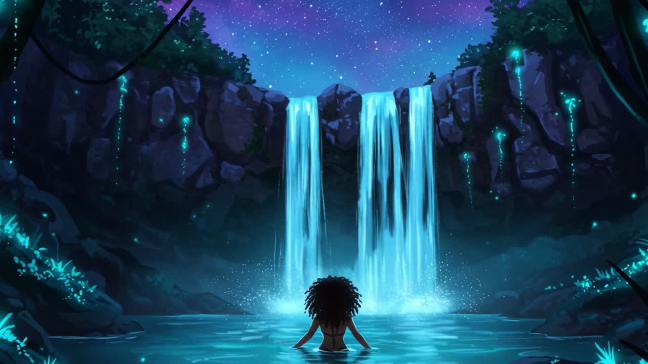 Captivating Moment Amidst a Fantastical Cascade: A Serene Encounter with Nature and Mystical Elements Under the Starry Sky