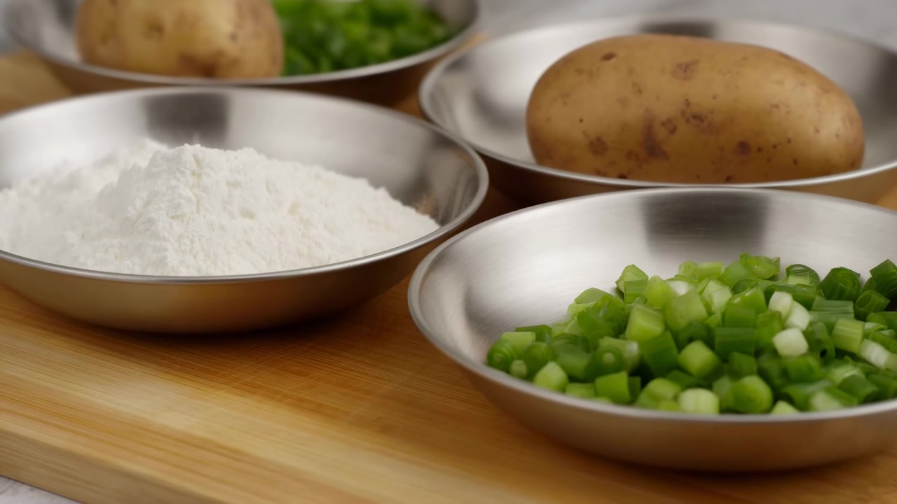 Primo piano di un allestimento rustico per la preparazione in cucina: farina, cipollotti tritati e patate in ciotole di metallo appoggiate su un tagliere di legno. La luminosa luce naturale del giorno enfatizza le texture degli ingredienti crudi per la cucina casalinga e la preparazione dei pasti.