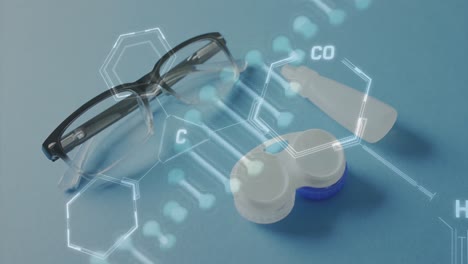 animation of data processing and dna strand over glasses and contacts