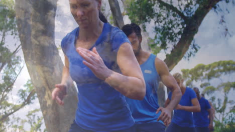 running outdoors, people in blue athletic wear with animation of sky and trees