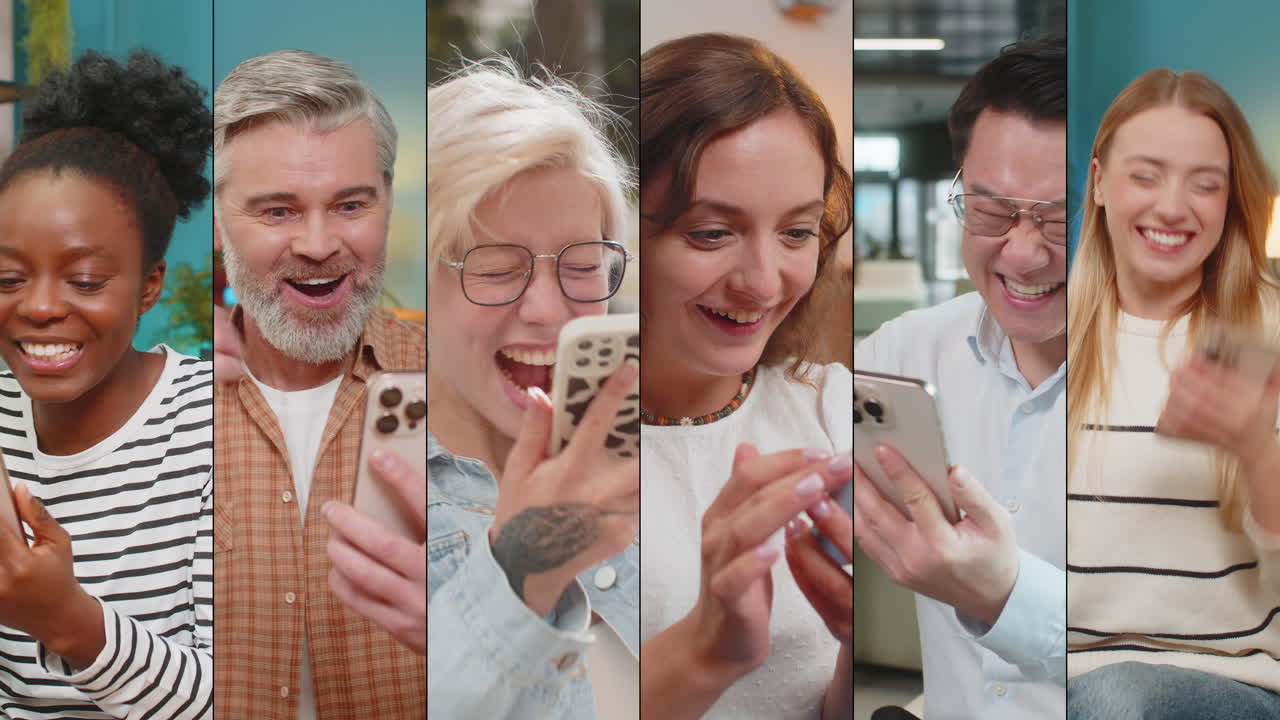 collage de personas emocionadas felices hombres mujeres usan teléfonos inteligentes celebrando victoria victoria buenas noticias jugar juego