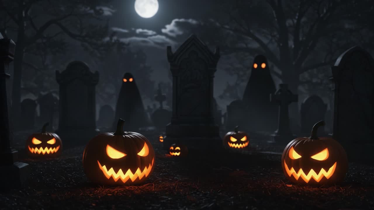 A Spooktacular Graveyard Scene Filled with Glowing Jack-o'-Lanterns and Eerie Shadowy Figures Under a Full Moon on a Chilling Halloween Night