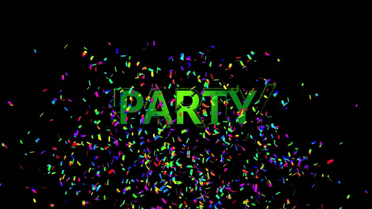 검은색 배경에 파티 텍스트와 콘페티의 애니메이션