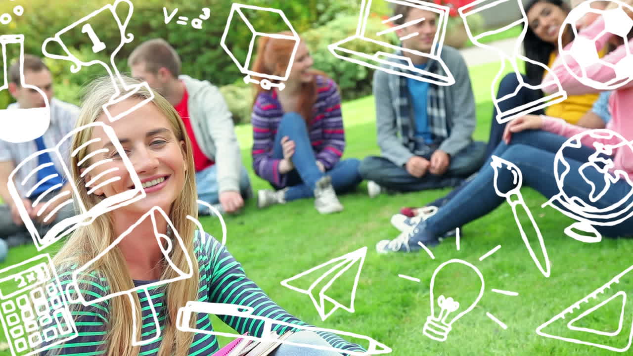 iconos del concepto de la escuela contra un grupo de niños sentados en el parque