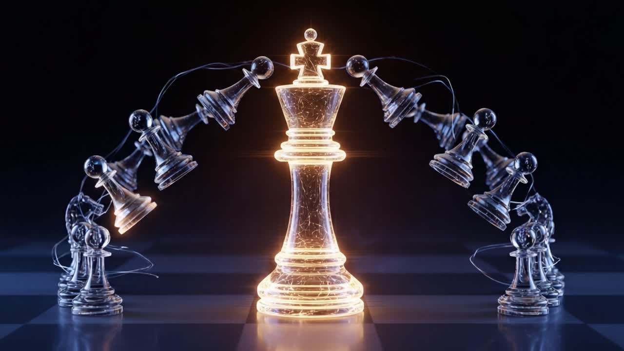 A Captivating Display of Strategy: The Chessboard Illuminates as King Piece Shines Amidst Surrounding Pawns, Symbolizing Mastery in the Game of Chess