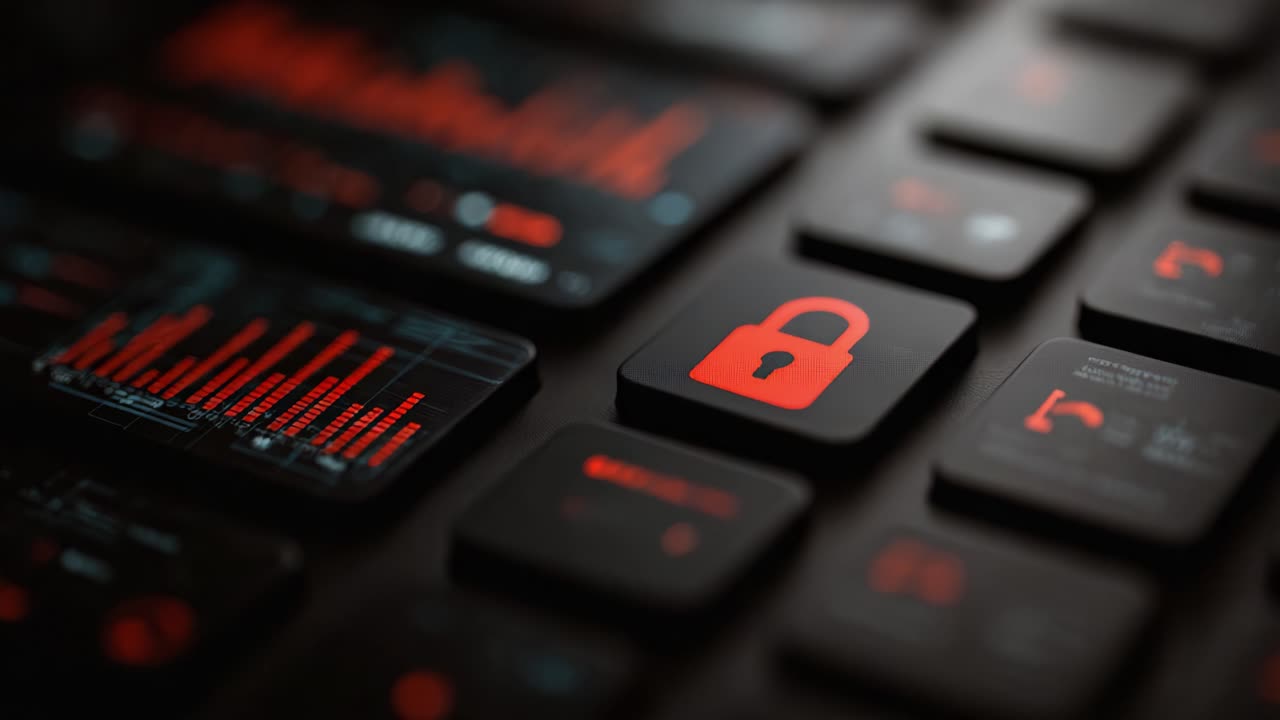 Exploring Digital Security: A Close-Up View of a Lock Icon Amidst a High-Tech Keyboard Displaying Data Visualizations and Security Features