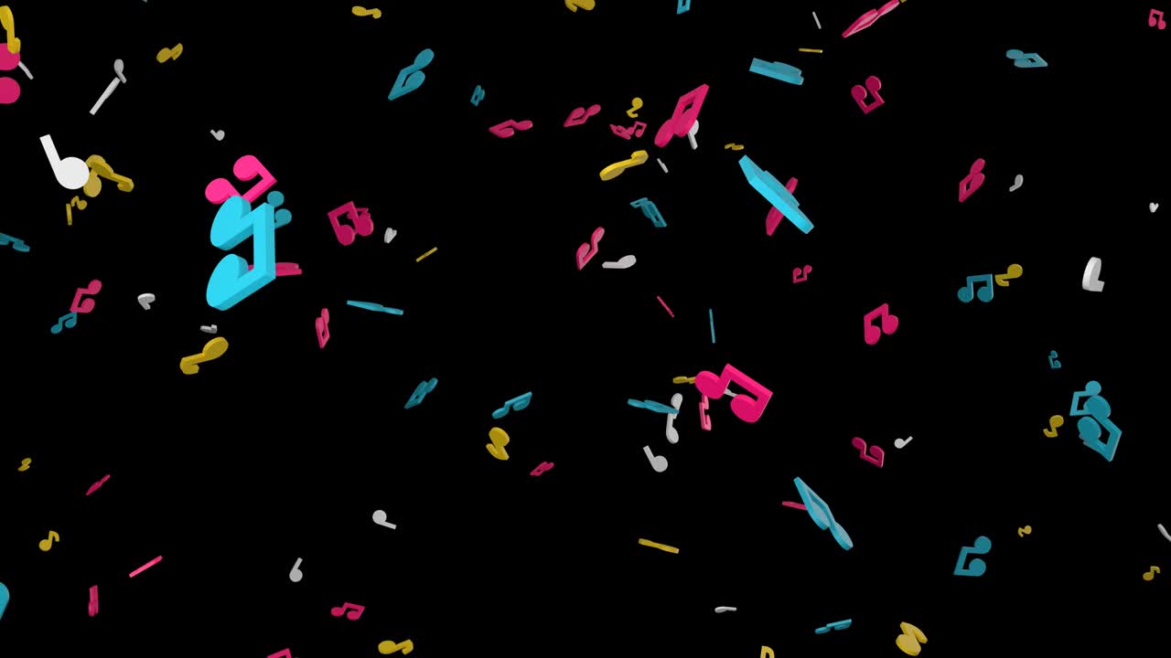 Note musicali colorate che cadono su sfondo nero