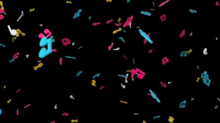 Note musicali colorate che cadono su sfondo nero