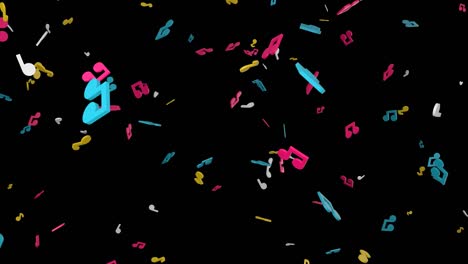 las notas musicales coloridas que caen sobre un fondo negro.
