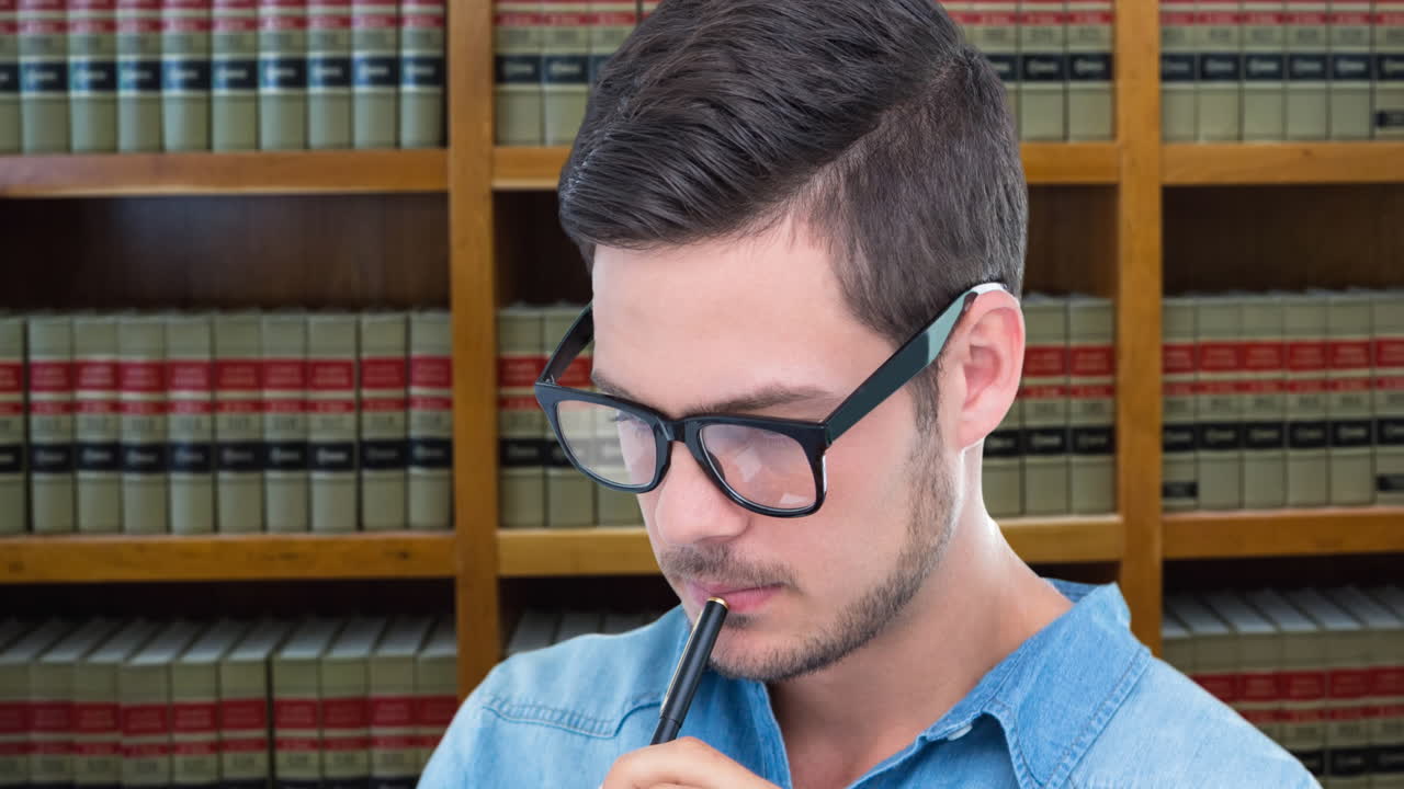 animación de un hombre caucásico leyendo un libro sobre la biblioteca