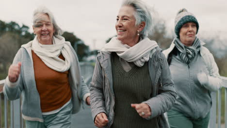 senior friends, women and walking with fitness