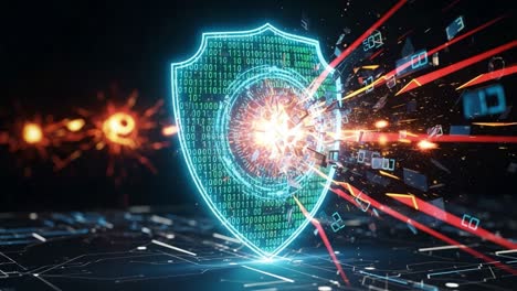 a stunning visualization of cybersecurity threats: a digital shield under siege by exploding data and binary code representing modern cyber attacks
