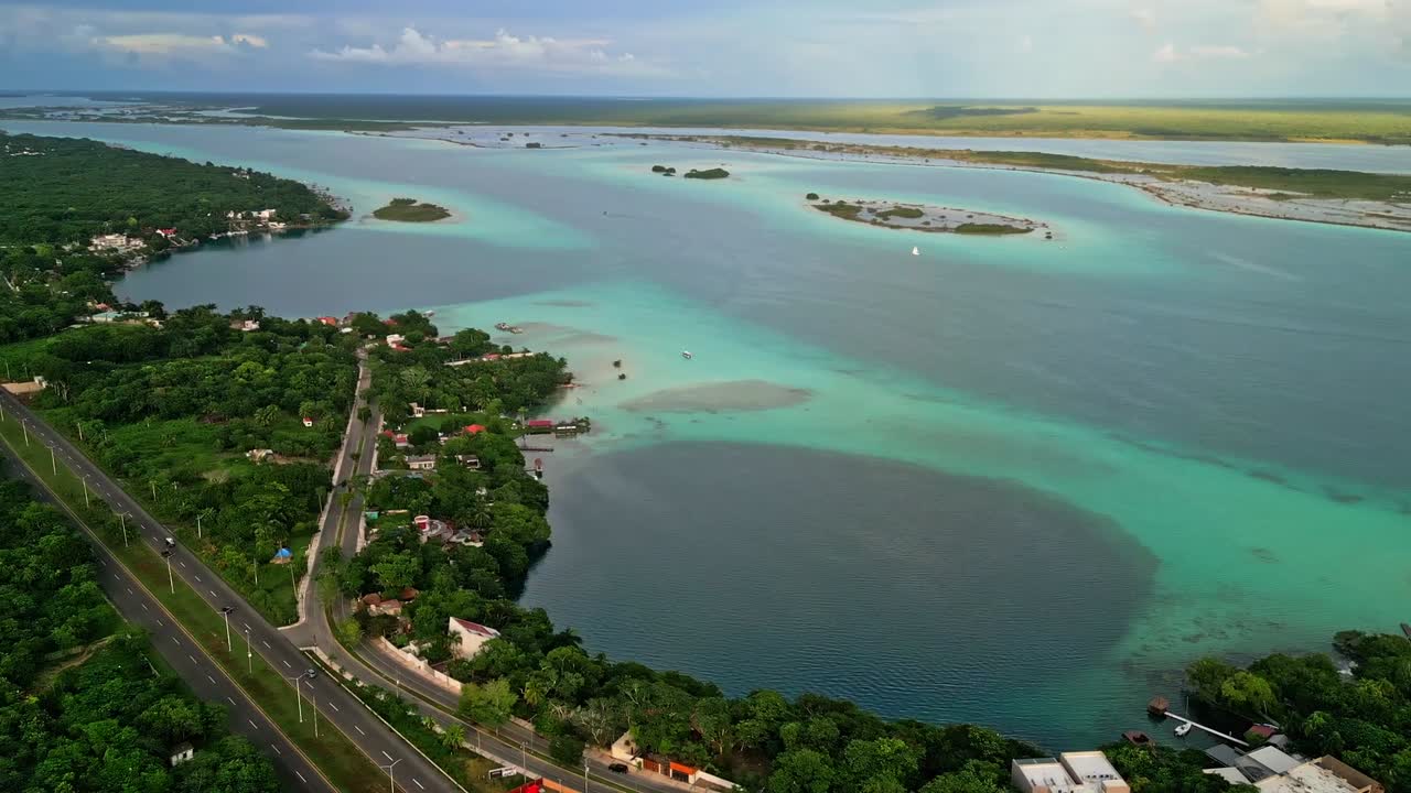 Scenic aerial view of Bacalar, Mexico's turquoise lagoon and greenery