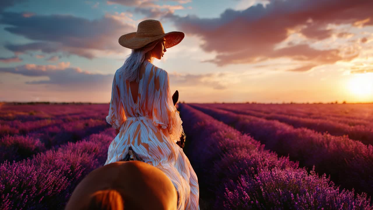 A Serene Sunset Over Lavender Fields: A Woman on Horseback Enjoying Nature's Beauty in a Vibrant Landscape at Twilight with Dreamlike Clouds and Colors