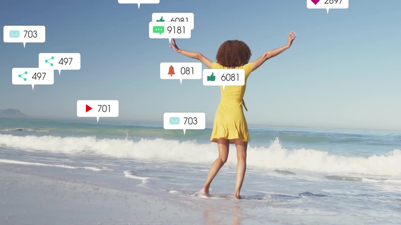 Influencer woman spinning into water on beach, with rising social media icons boosting engagement