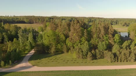 Drone-aerial-of-a-country-road-and-forest-with-a-blue-sky-on-the-horizon