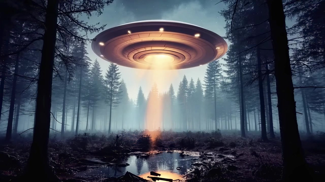 UFO Melayang di Atas Hutan Gelap di Malam Hari