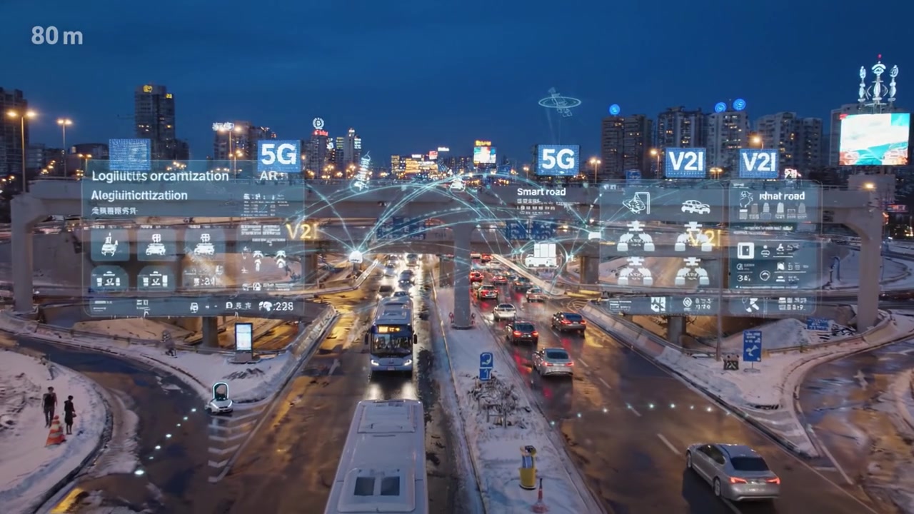 Scena Urbana Notturna con Traffico Intenso e Informazioni Stradali Digitali su Strade Coperte di Neve, Evidenziando la Mobilità Intelligente e le Dinamiche della Vita Cittadina.