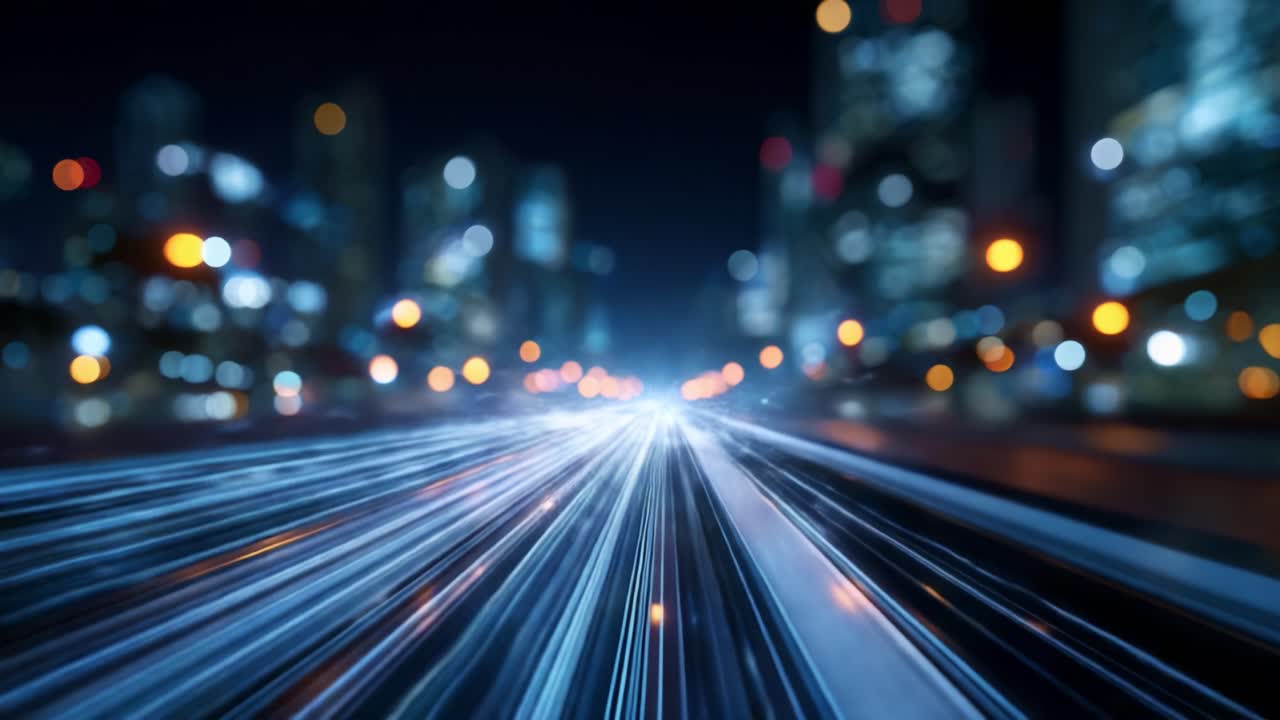 Una prospettiva dinamica di scie luminose in un paesaggio urbano notturno, che cattura l'essenza del movimento e dell'energia tra la luminosità urbana e gli sfondi sfocati