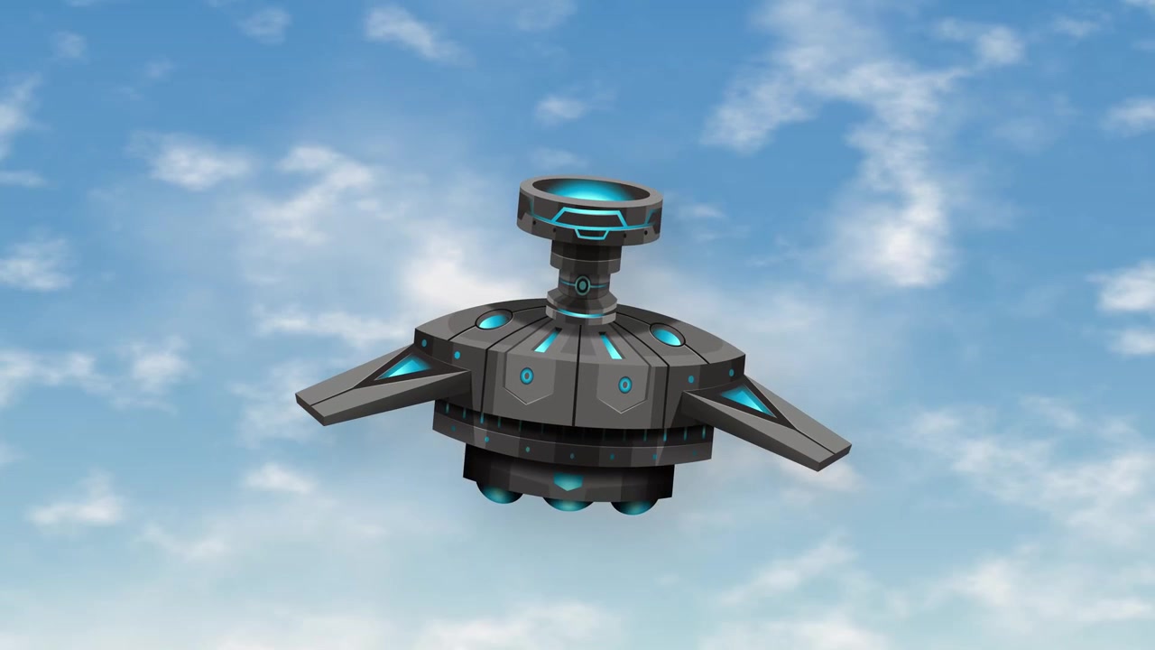 A detailed sci-fi drone hovers steadily amidst soft white clouds in a bright sky.
