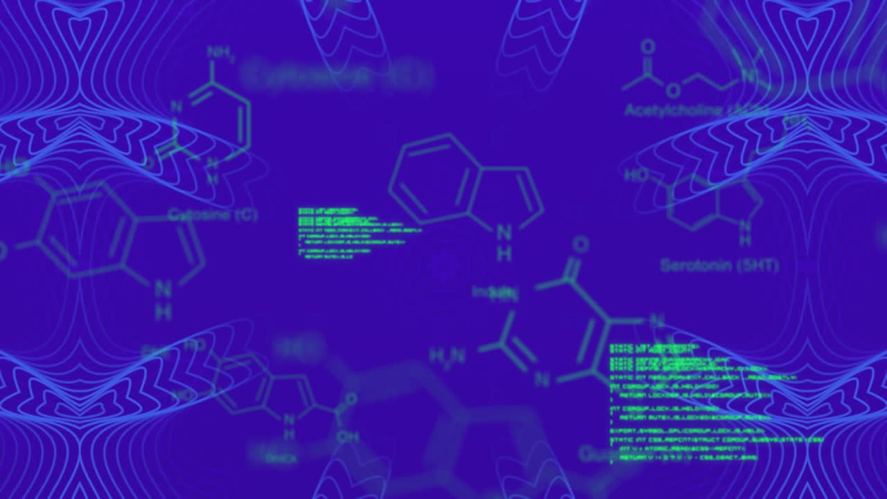 Animation of molecular structures, programming languages, abstract pattern on blue background