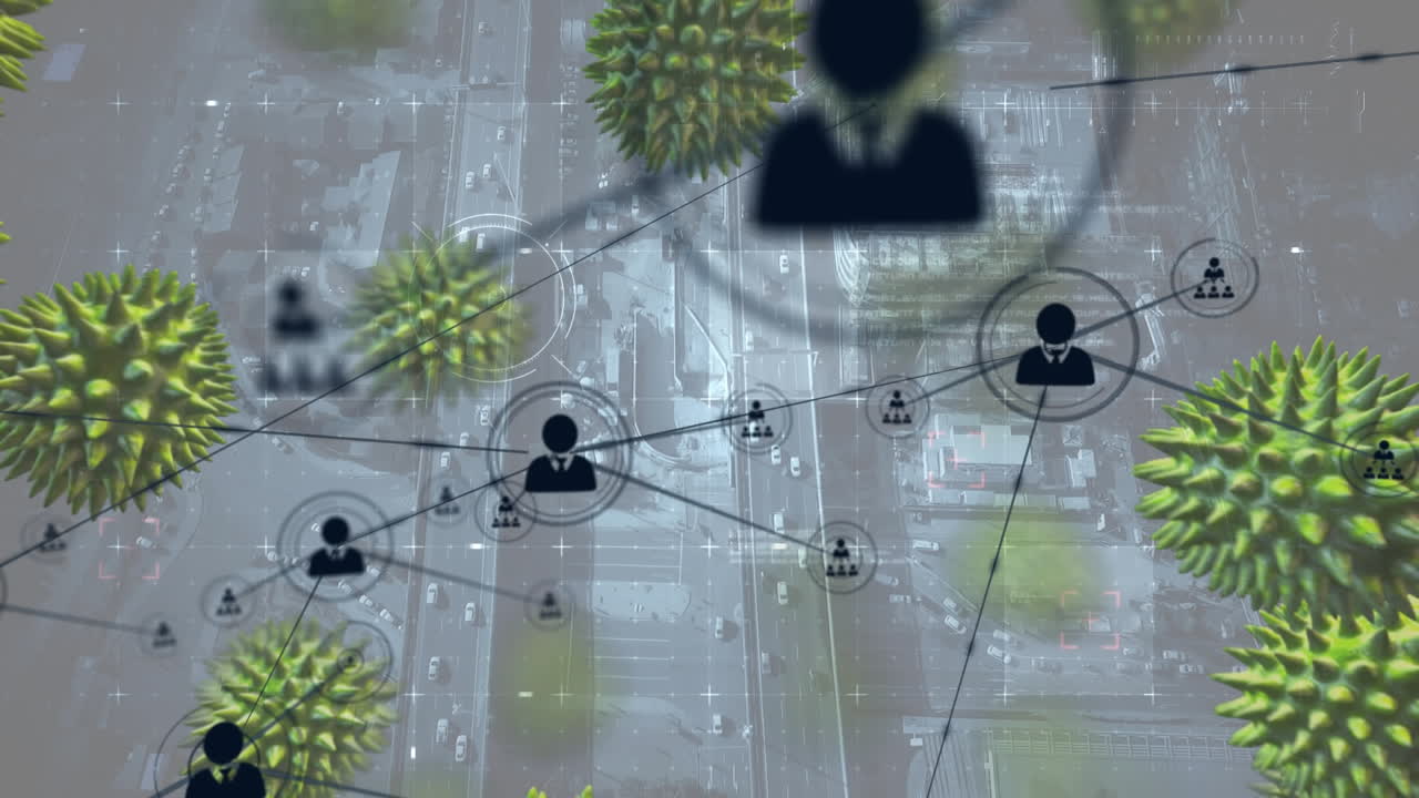 Animation of macro coronavirus cells spreading over network of connections with people icons