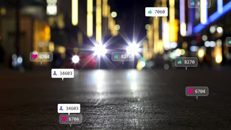 animation of social media icons and numbers over out of focus city and traffic lights