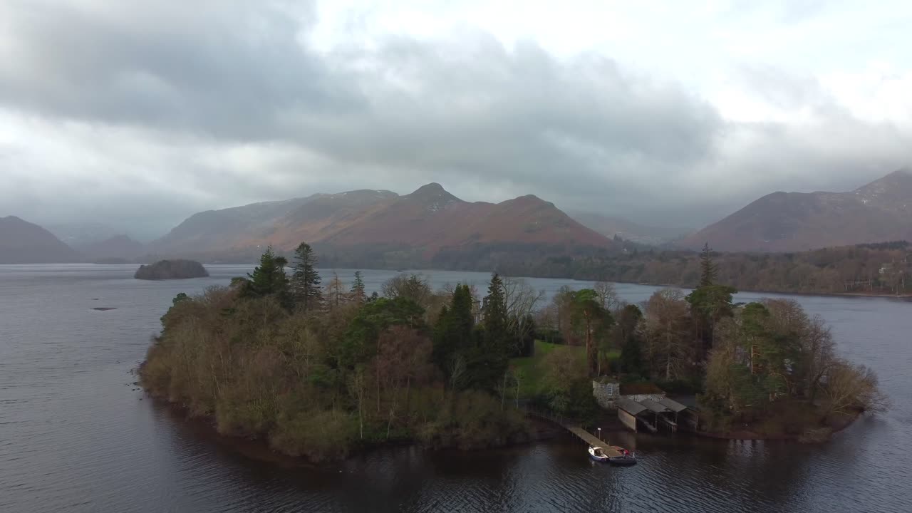 Cinematic aerial 4K drone video of Derwent Island on Derwent Water in Keswick, Lake District, UK