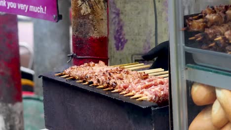 vendor grilling pork skewers on hanoi street