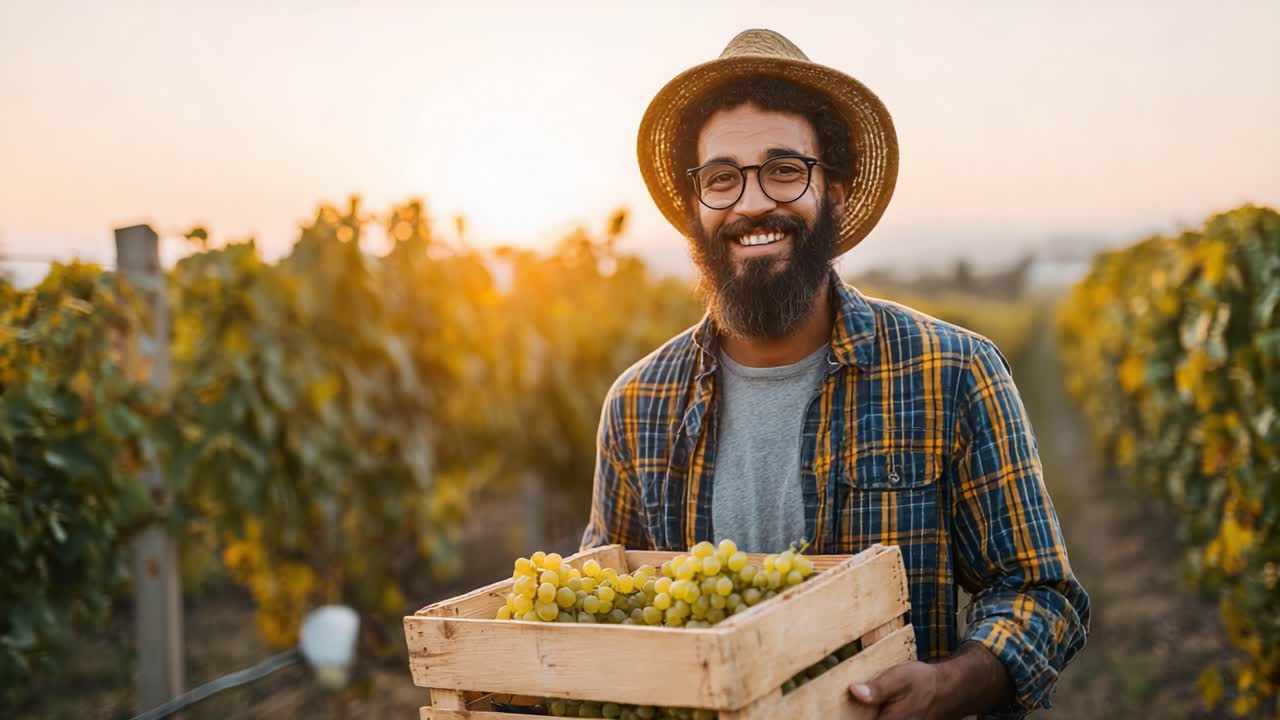 A Joyful Farmer Smiling and Holding a Crate of Fresh Grapes in a Vineyard During Sunset, Surrounded by Lush Green Vines and a Beautiful Evening Sky