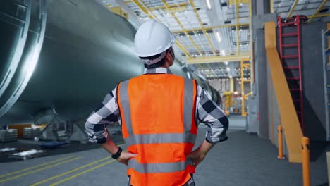 vista trasera de un ingeniero masculino asiático con casco de seguridad en una fábrica de fabricación de tubos. de pie con los brazos akimbo mirando a su alrededor, comprobando