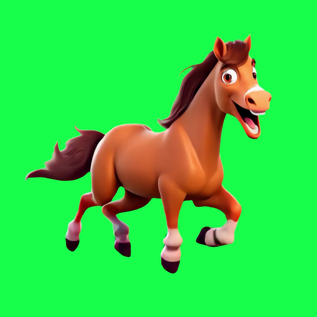 Happy animated horse running joyfully animation, transparent 4K video, green screen
