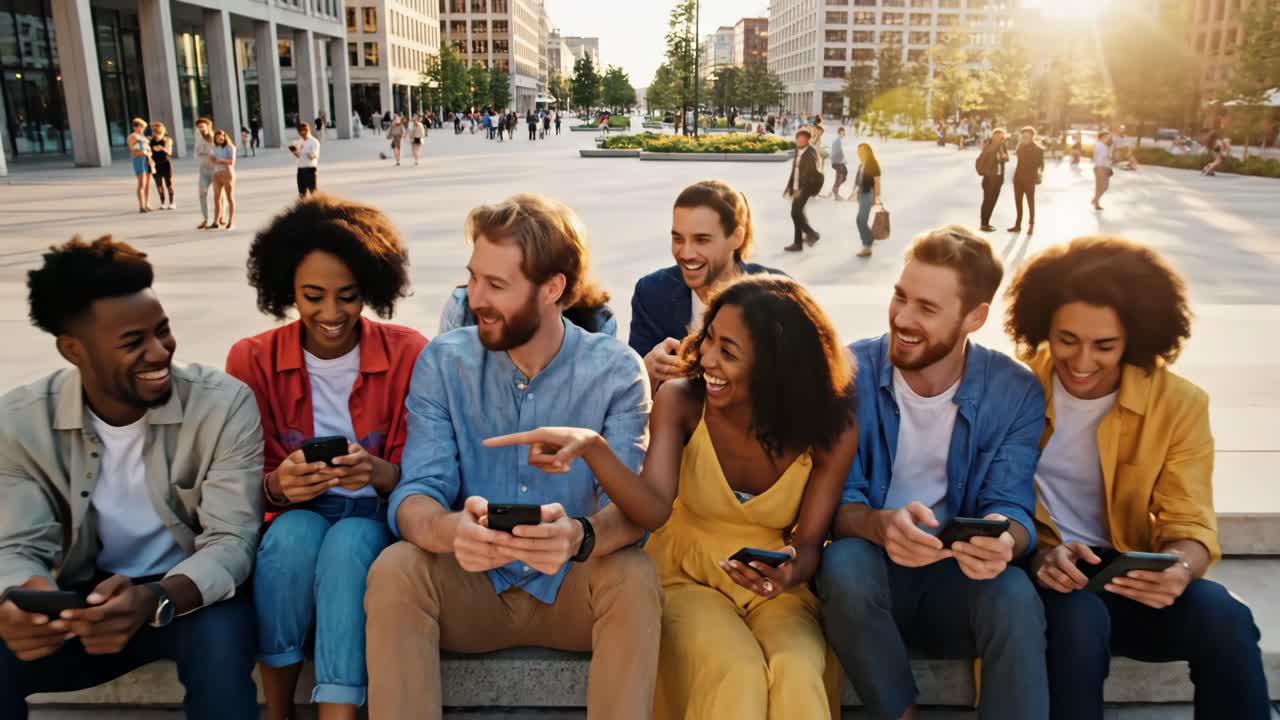 Group of friends using smartphones outdoors in a city