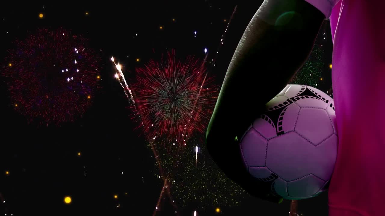 animación de un jugador de fútbol caucásico con fútbol sobre fuegos artificiales