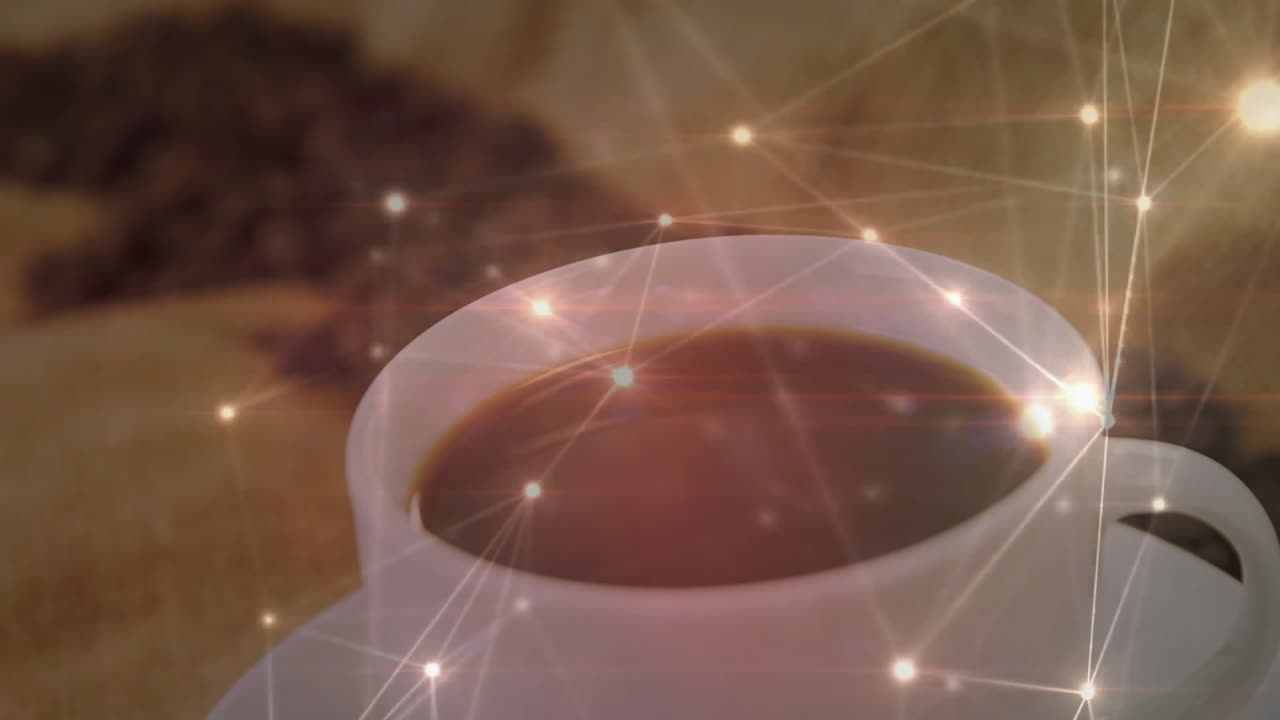 Flat design scene featuring white ceramic coffee cup glowing with digital sparkling light flares