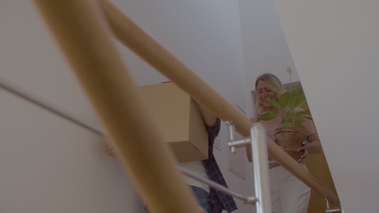 Cute mother and daughter carrying cardboard boxes into new house