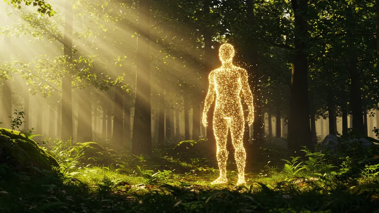 A magnificent golden figure is positioned gracefully in the heart of a lush forest at sunrise, enveloped by a radiant light and the breathtaking beauty of nature