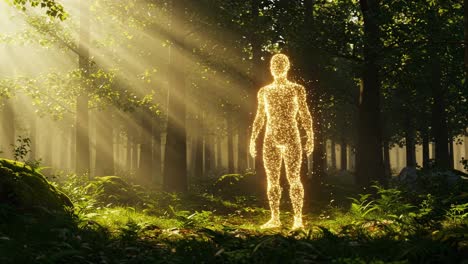 a magnificent golden figure is positioned gracefully in the heart of a lush forest at sunrise, enveloped by a radiant light and the breathtaking beauty of nature