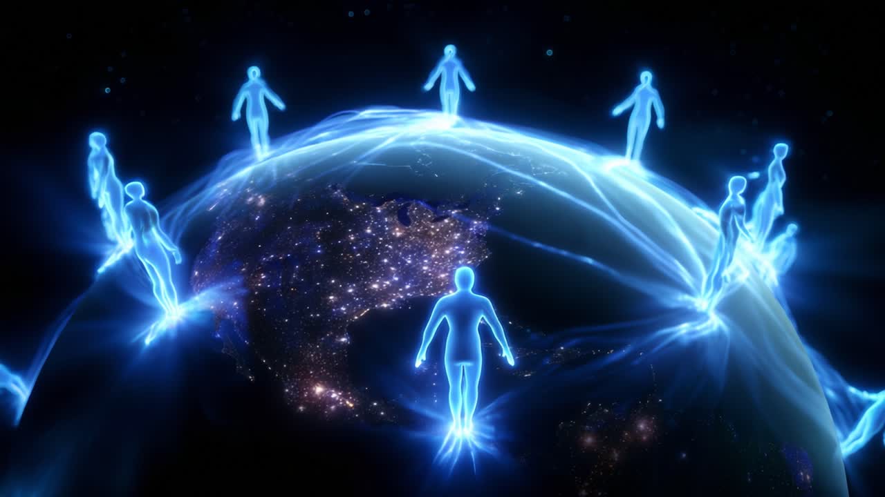 A Surreal Representation of Connectivity and Unity with Ethereal Figures Hovering Above a Glowing Earth, Symbolizing Global Communication and Mutual Understanding Across Boundaries