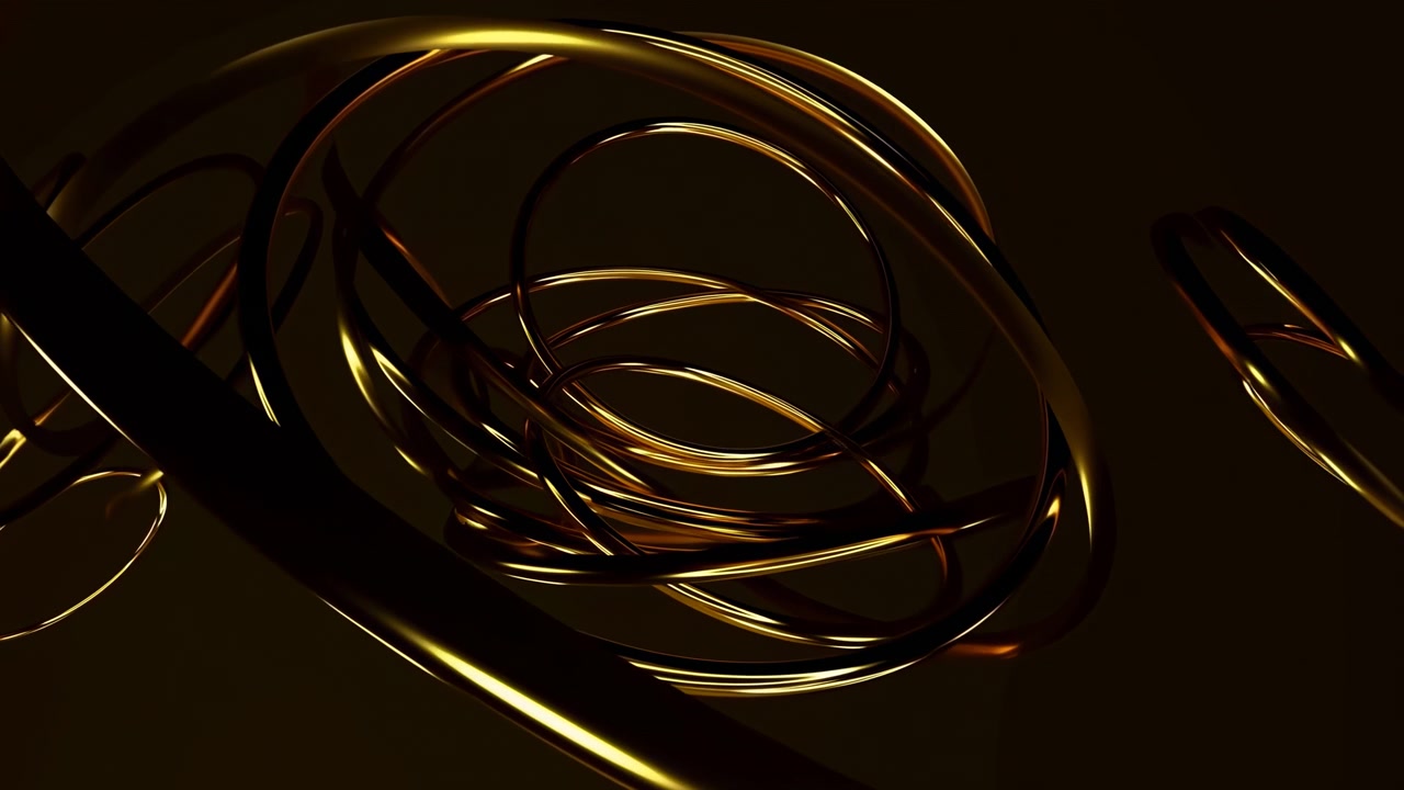 Anelli a spirale metallici scuri in movimento, bobine d'oro incandescenti ruotano in uno spazio studio nero con forte.