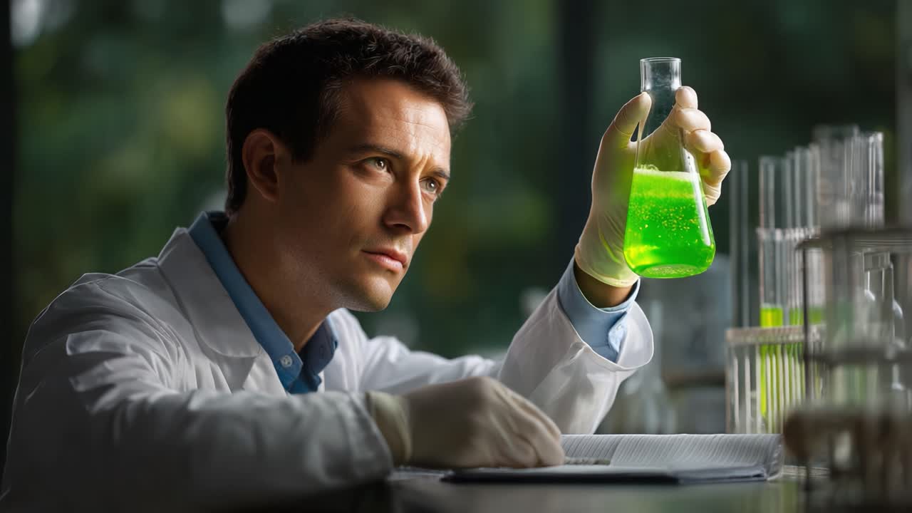 A Dedicated Scientist Examining a Green Chemical Solution in a Laboratory Setting, Reflecting Focus and Precision in His Research Endeavors