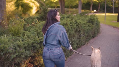 girl walks in the park with her dog