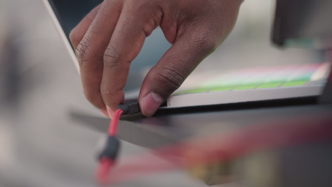 laptop corner with red cord connected, technician hand performing careful adjustment during rehearsal, closeup of ports and stand, muted urban backdrop, focus on signal integrity and equipment