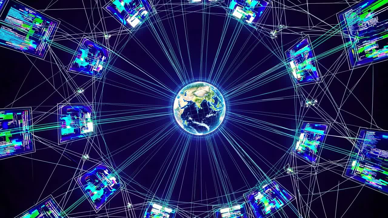 Futuristic digital network concept with a top-down angle, showcasing interconnected screens