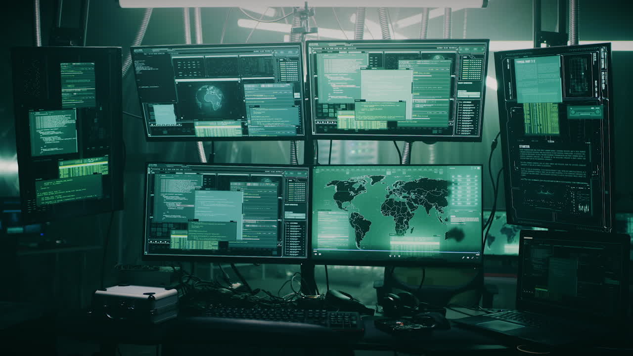 Cybersecurity Workspace with Multiple Monitors