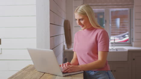 mujer joven de pie en el mostrador de la cocina con una computadora portátil trabajando desde casa